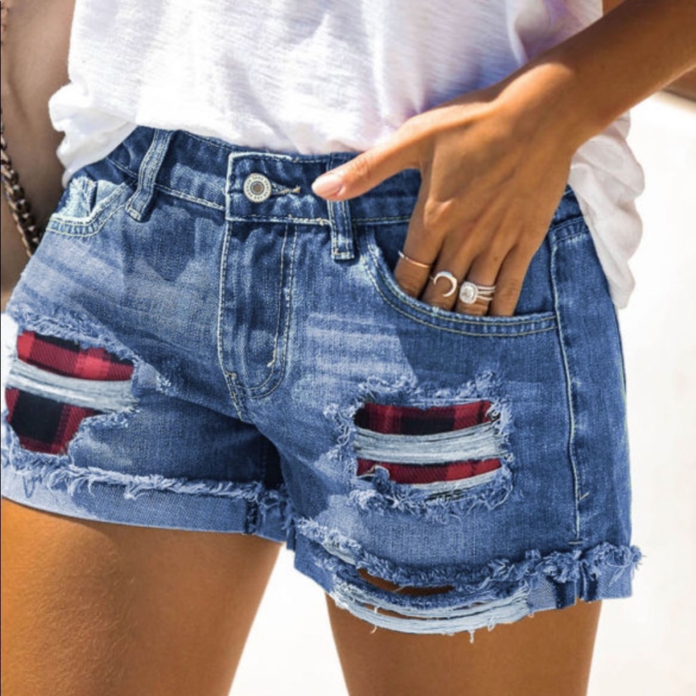 Plaid Patchwork Rolled Hem Denim Shorts